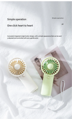 Liveify portable handheld fan in white and mint green, featuring simple one-click button operation and wrist strap for easy carry.