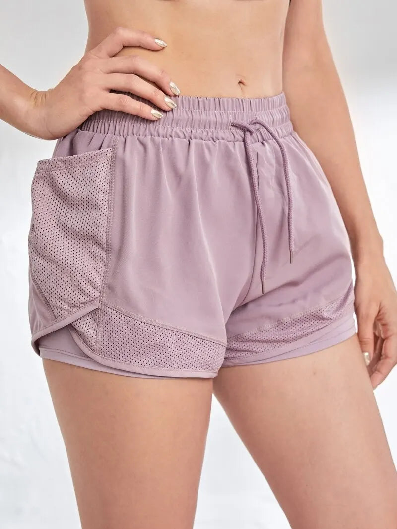 Liveify lavender mesh-panel athletic shorts with drawstring waist