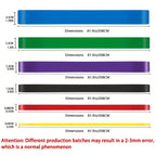 Liveify resistance bands in blue, green, purple, black, red, yellow with dimensions and thickness specs shown