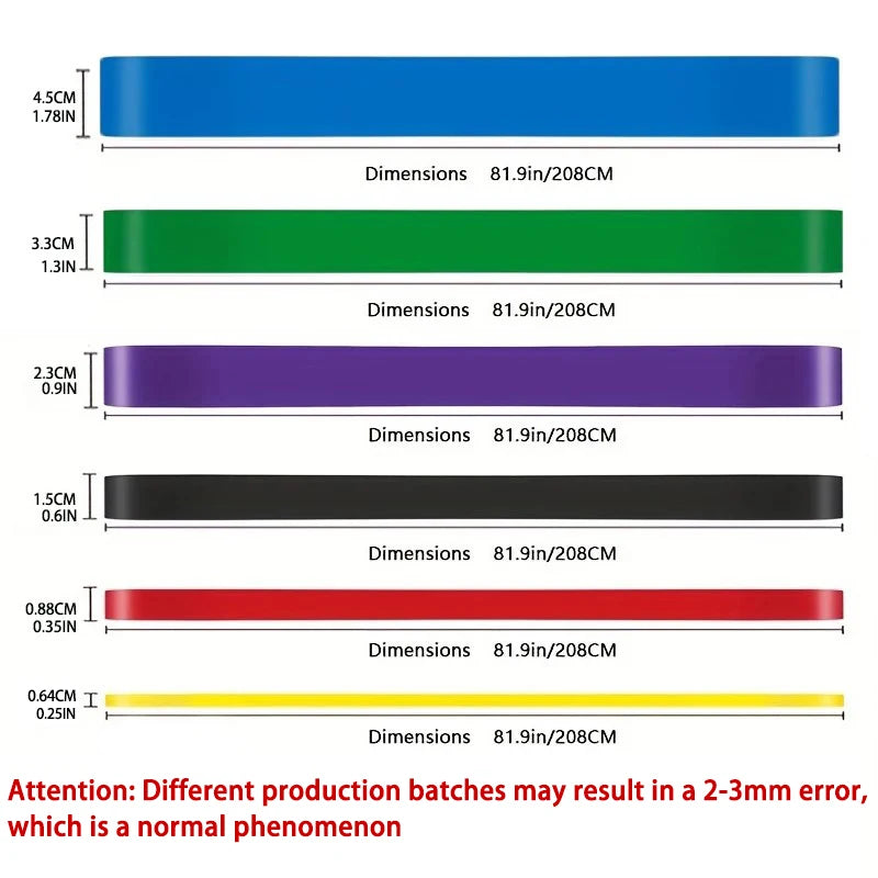 Liveify resistance bands in blue, green, purple, black, red, yellow with dimensions and thickness specs shown
