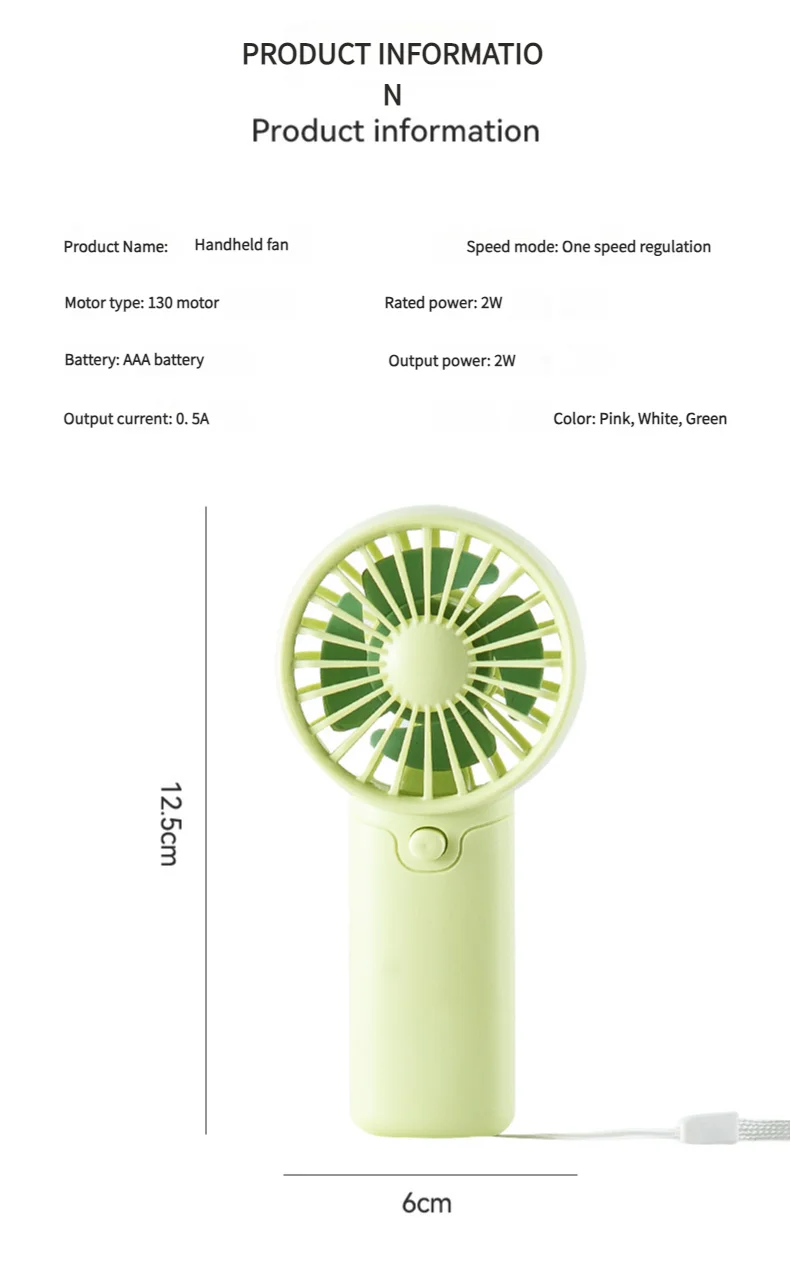 Liveify portable handheld fan in light green, 12.5cm tall, battery-powered with USB charging, compact design for personal cooling