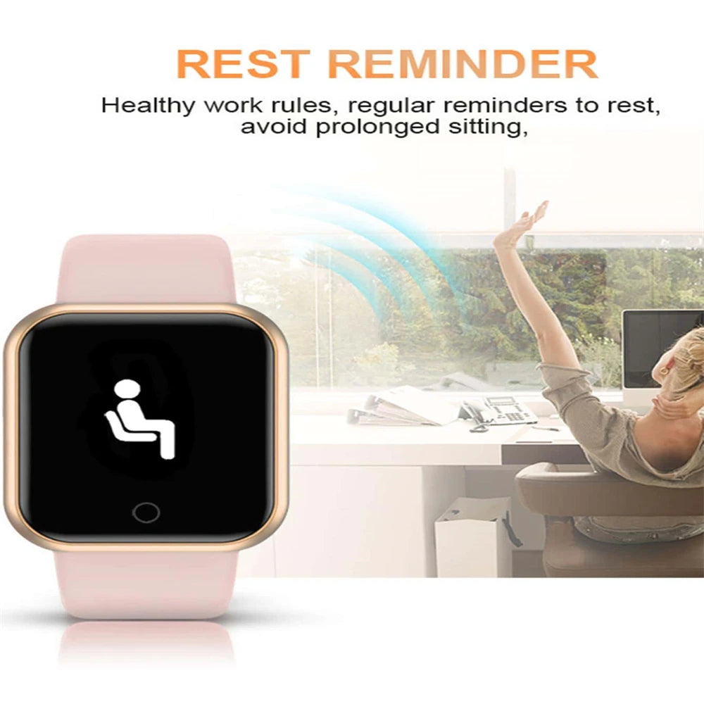 Liveify pink smartwatch with rest reminder feature, square gold frame, black screen, promotes healthy work habits