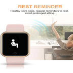 Liveify pink smartwatch with rest reminder feature, square gold frame, black screen, promotes healthy work habits