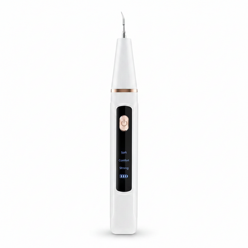 Liveify white electric nail drill with rose gold accents, LCD screen showing soft, comfort, strong modes and battery level