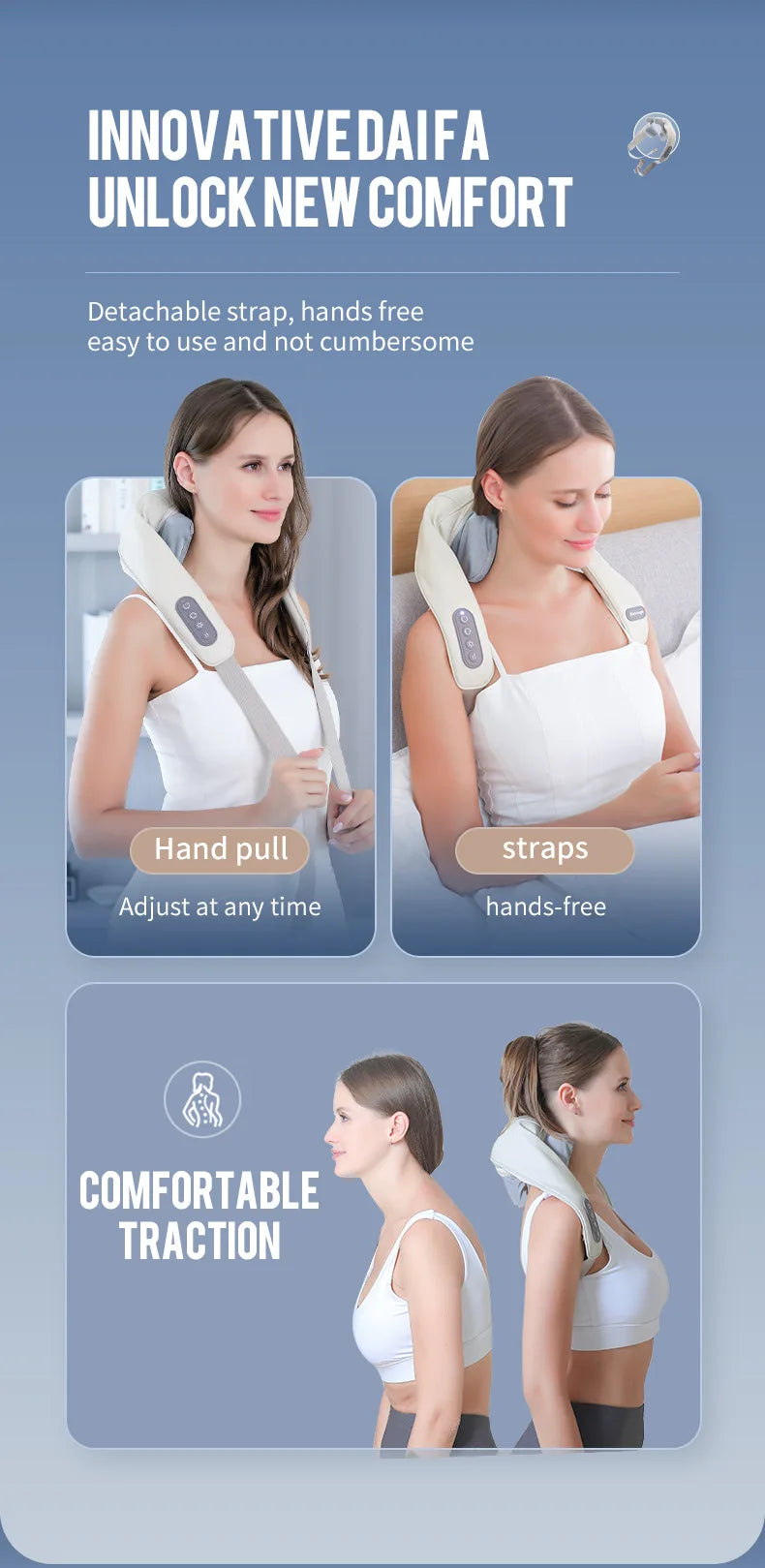 Liveify neck massager with detachable strap, hands-free design, beige fabric, adjustable for comfort and traction