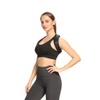Liveify black adjustable posture corrector worn over sports bra, supporting back and shoulders during fitness activities