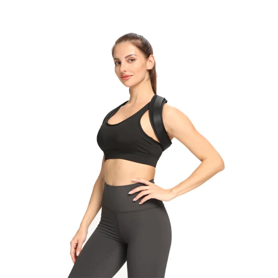 Liveify black adjustable posture corrector worn over sports bra, supporting back and shoulders during fitness activities