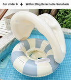 Liveify baby pool float with detachable sunshade, blue and cream stripes, for kids under 6, 25kg max