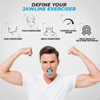 Man using a jawline exerciser with product features highlighted on a gray background