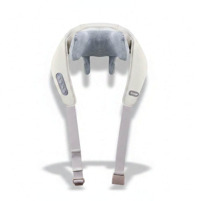 Shoulder and neck massager with product parameters on a blue background
