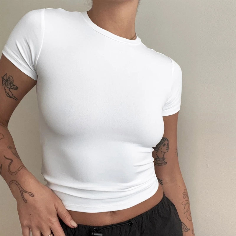 Liveify Women's Slim Fit Knit T-Shirt – Short Sleeve O-Neck Stretch Tee, Casual Y2K Streetwear Top for Everyday Wear