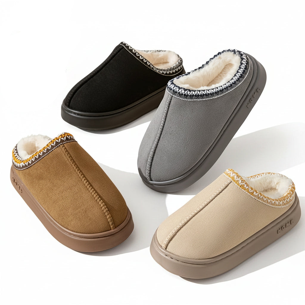Liveify cozy fleece-lined slippers in black, gray, tan, and beige with textured soles and decorative stitching