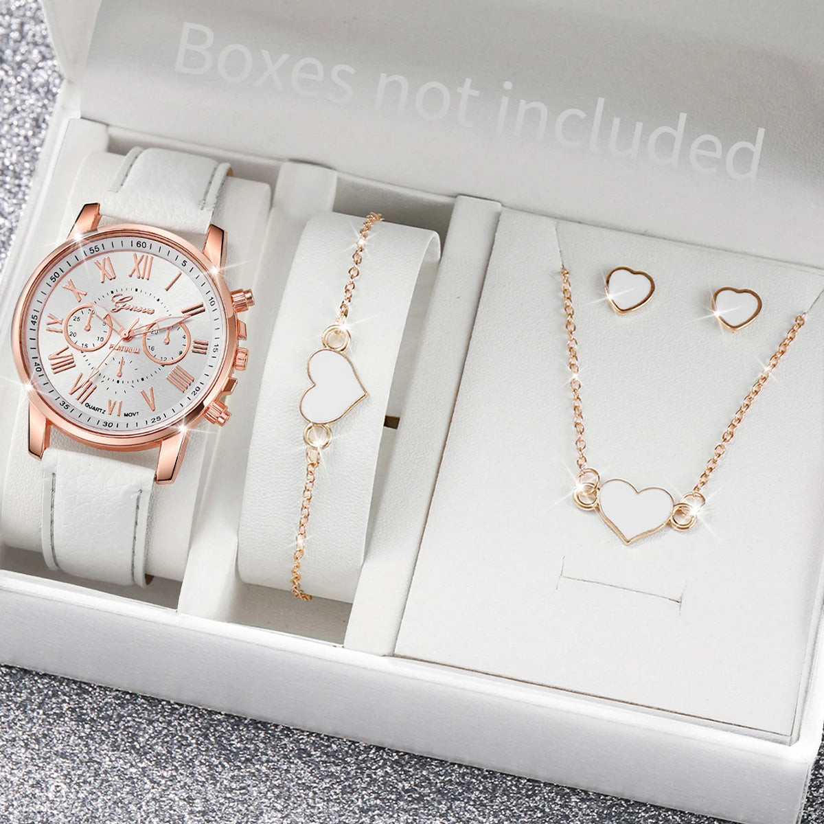 Liveify rose gold watch with white strap, heart bracelet, necklace, and earrings set in gift box