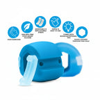 Blue face exerciser with features listed on a white background