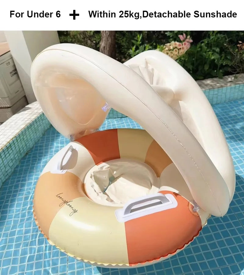 Liveify inflatable baby pool float with detachable sunshade, orange and cream stripes, for kids under 6