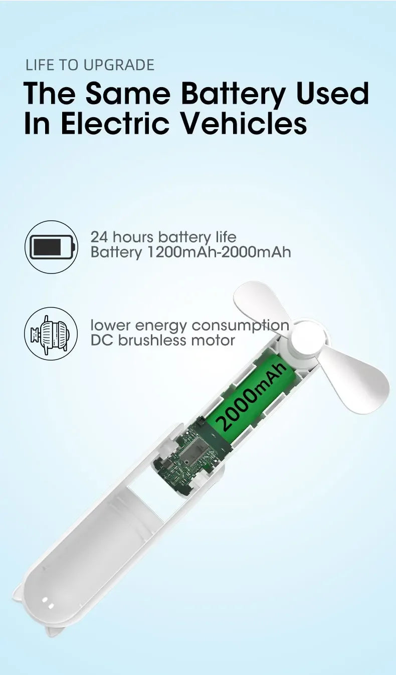 Liveify white portable fan with 2000mAh battery, DC brushless motor, 24-hour runtime, lightweight design