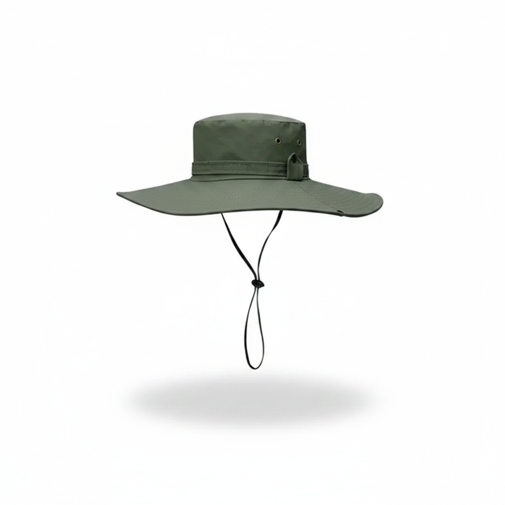 Liveify olive green wide-brimmed outdoor hat with adjustable chin strap for sun protection