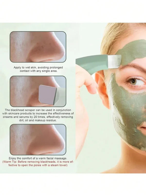 Liveify green facial mask with blackhead scraper tool for skincare, shown applying to wet skin for deep cleansing and pore care