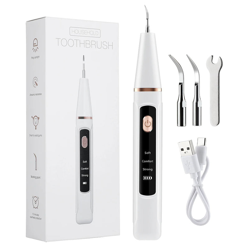 Liveify white electric toothbrush with gold accents, 3 metal tips, USB cable, and packaging