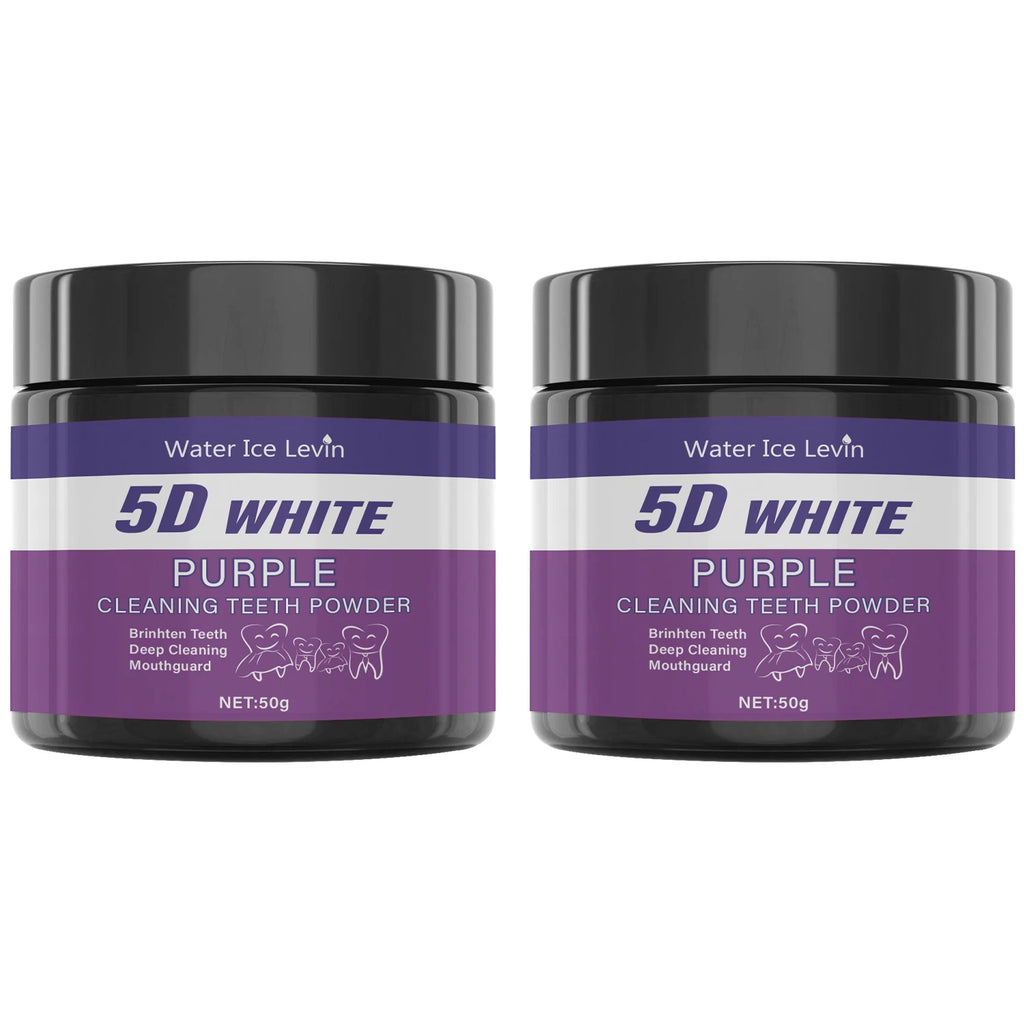 Liveify 5D White Purple Cleaning Teeth Powder in black jars, 50g each, for brightening and deep cleaning teeth.