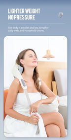 Liveify lightweight neck and shoulder massager in beige with control panel, worn by woman relaxing at home
