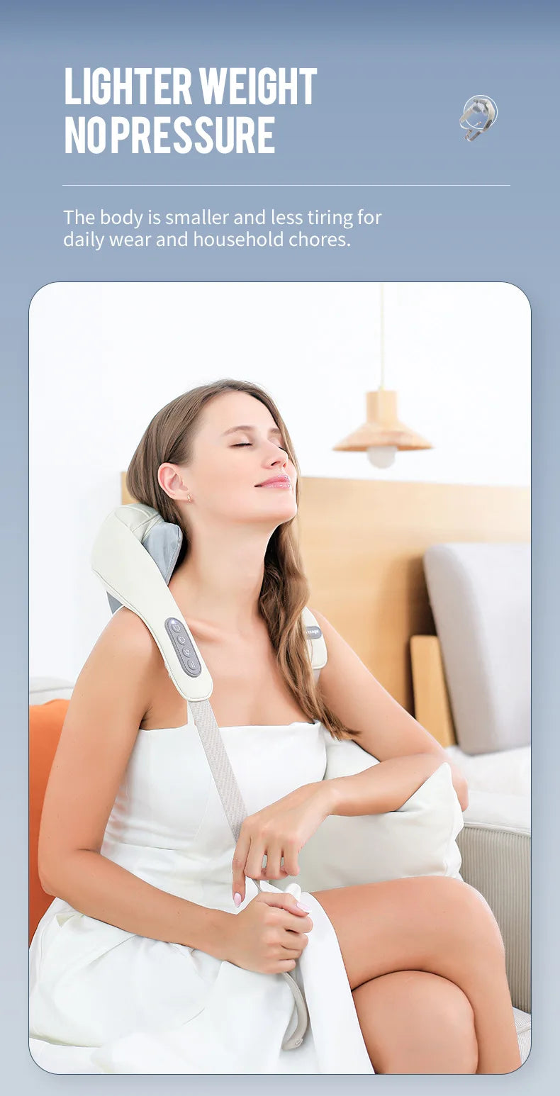 Liveify lightweight neck and shoulder massager in beige with control panel, worn by woman relaxing at home