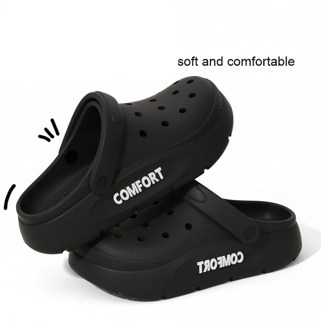 Liveify black EVA clog sandals with COMFORT text, soft and comfortable design, perforated upper, chunky sole