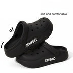 Liveify black EVA clog sandals with COMFORT text, soft and comfortable design, perforated upper, chunky sole