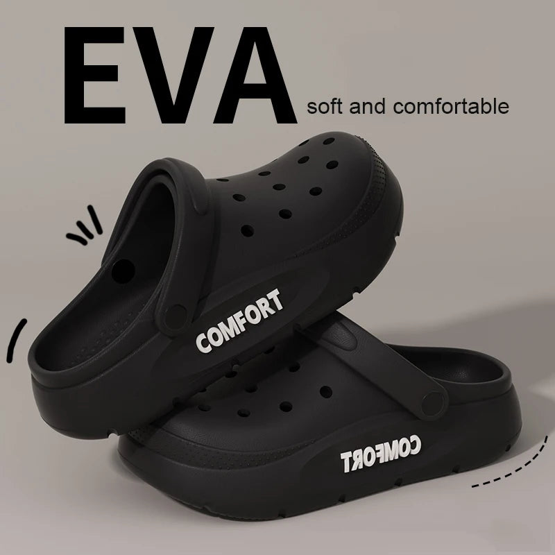 Liveify black EVA comfort clogs with soft, breathable design and stylish text detailing