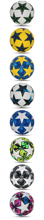 Liveify soccer balls in multiple colors with star patterns, featuring white, yellow, blue, neon green, and pink designs