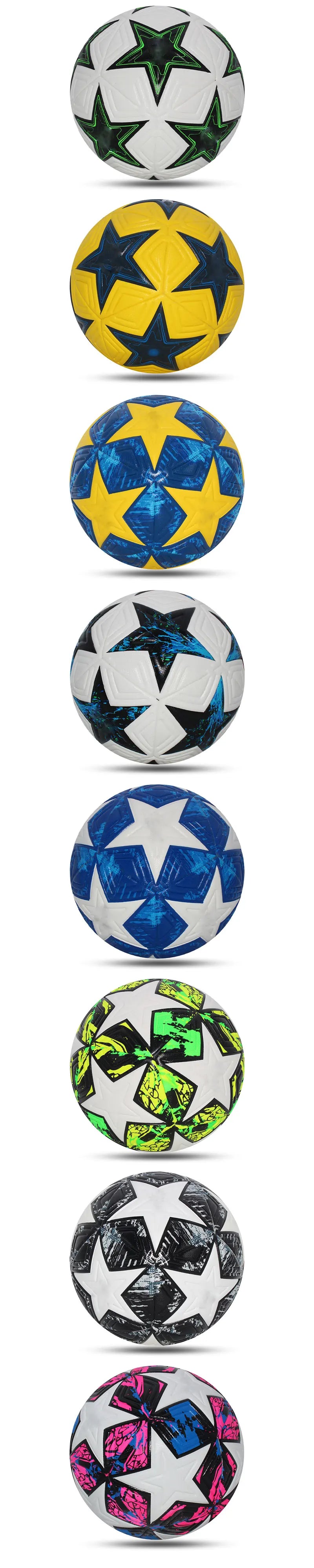 Liveify soccer balls in multiple colors with star patterns, featuring white, yellow, blue, neon green, and pink designs