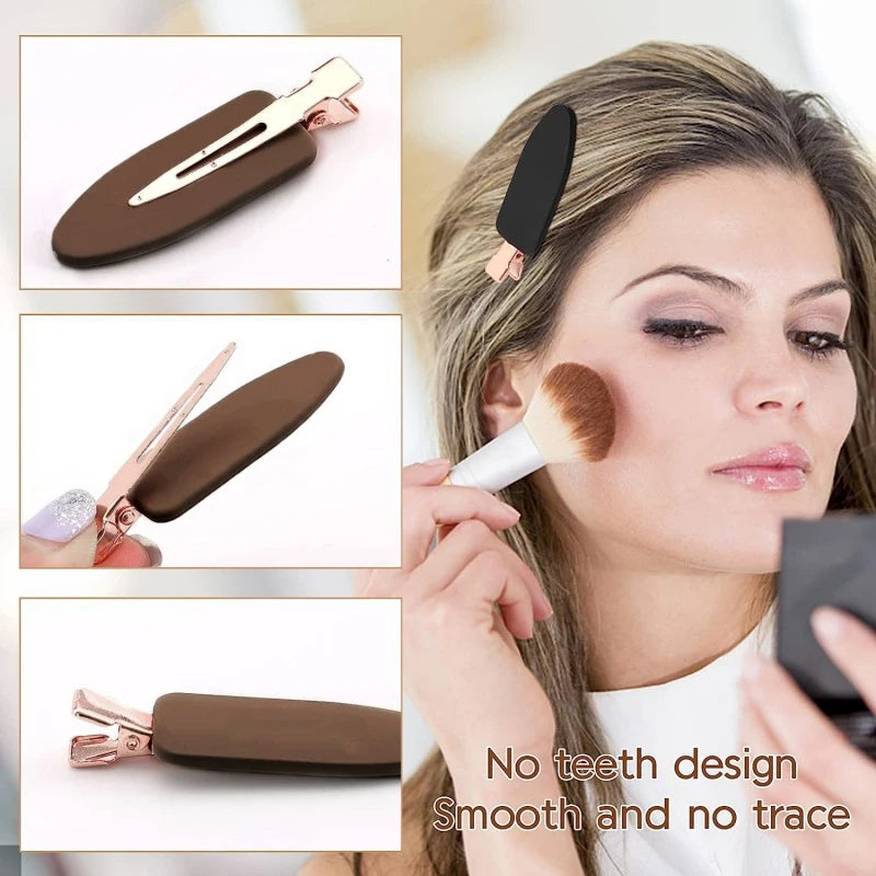 Liveify brown matte hair clip with rose gold no-teeth design, smooth hold for makeup application