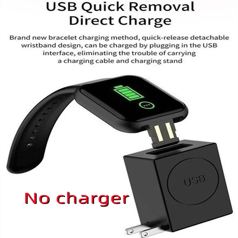 Liveify black smartwatch with USB direct charge, detachable wristband, no charger needed