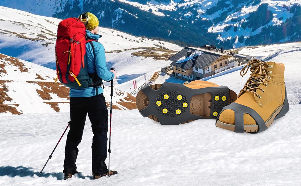 Liveify tan hiking boots with gray crampon-style traction cleats on snowy mountain trail, ideal for winter trekking