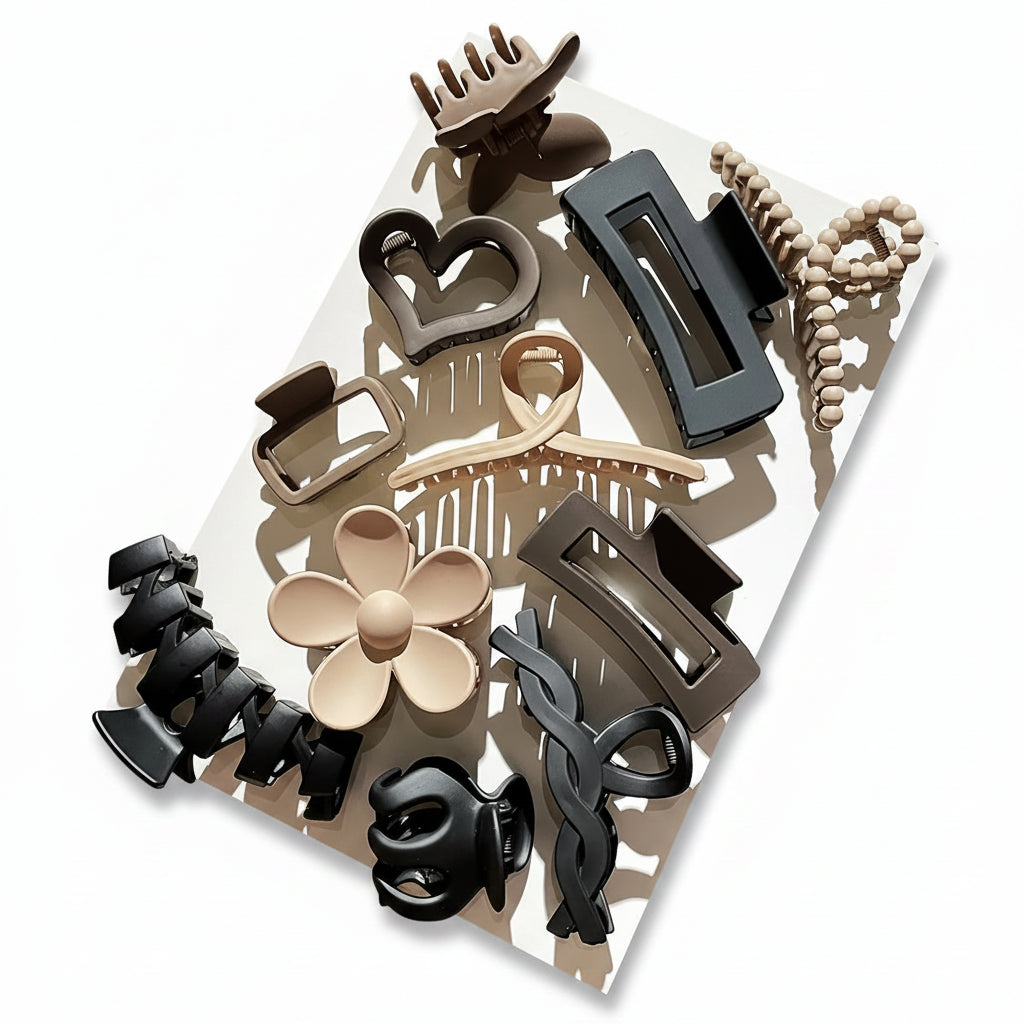 Liveify assorted hair claw clips in black, beige, and brown, featuring heart, flower, and twisted designs with size measurements shown.