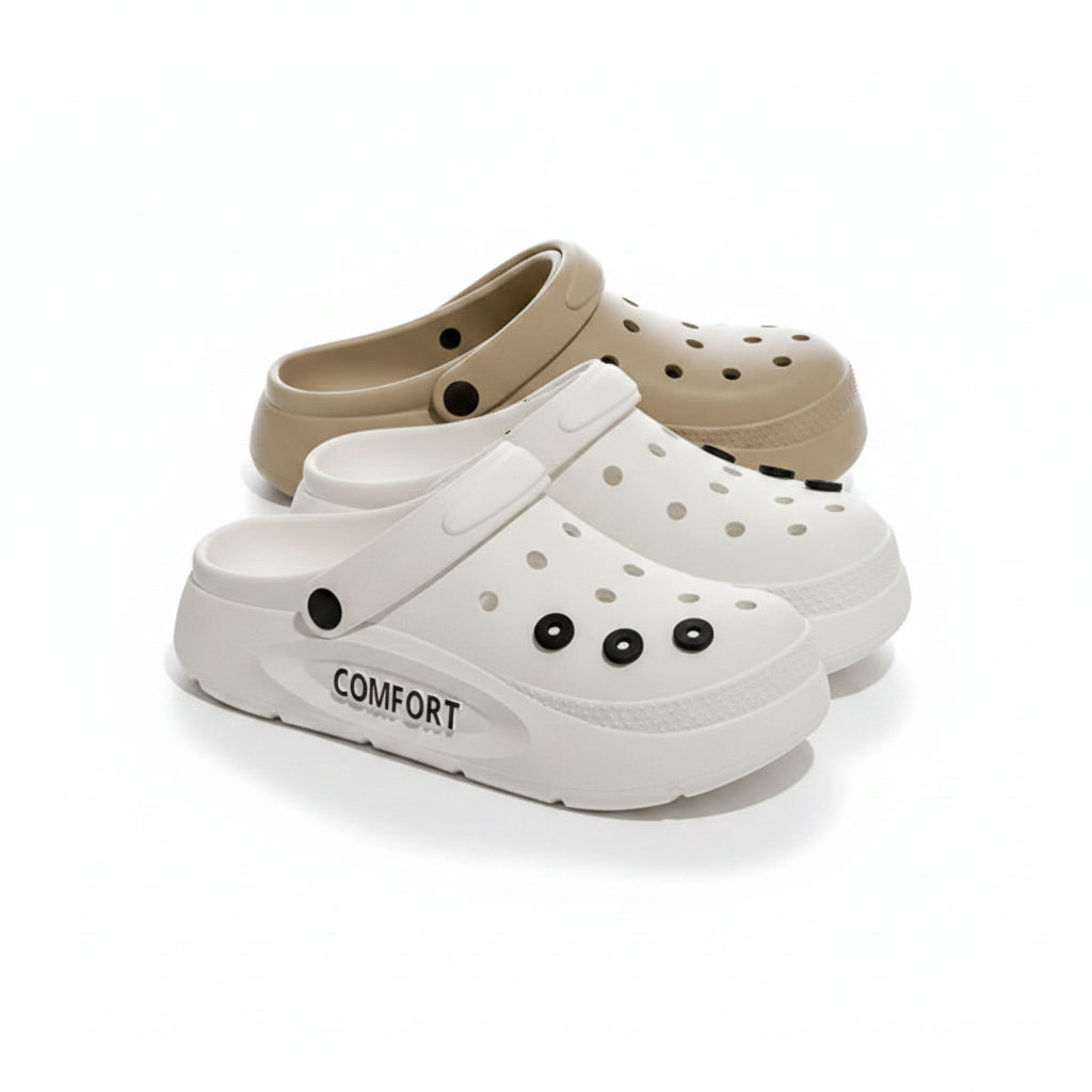 Liveify white and beige comfort clogs with perforated design and thick sole, ideal for casual wear