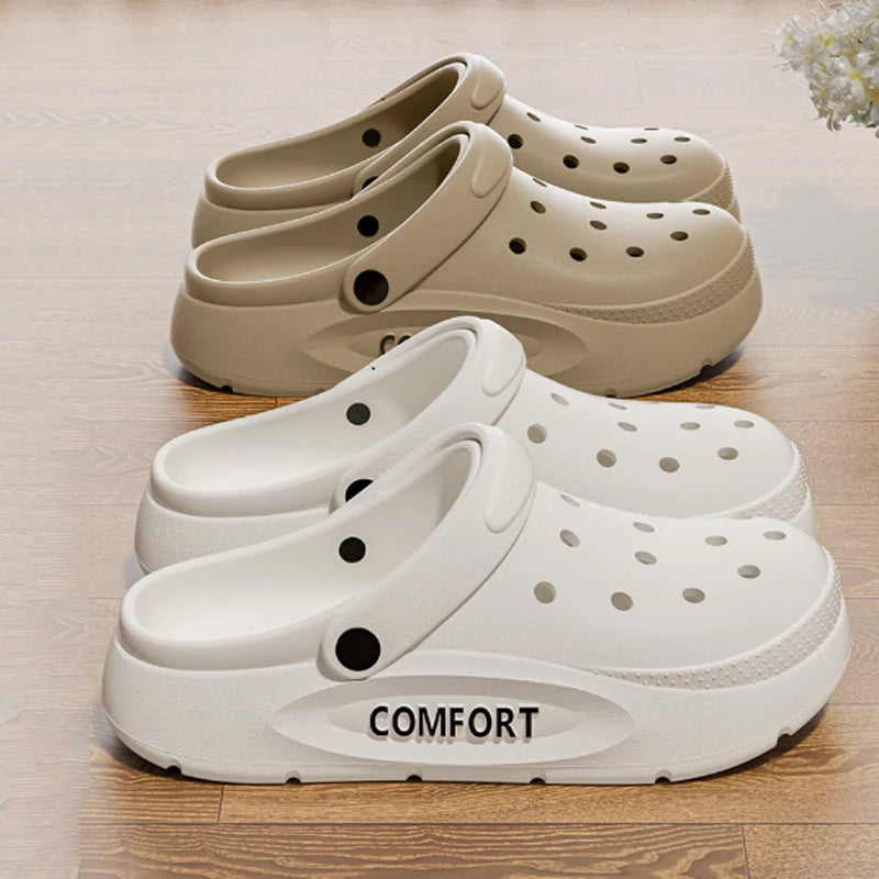 Liveify white and beige comfort clog sandals with perforated design and thick sole, ideal for casual wear
