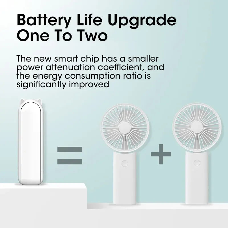 Liveify white portable handheld fan with upgraded battery life, dual fans shown for comparison, sleek plastic design