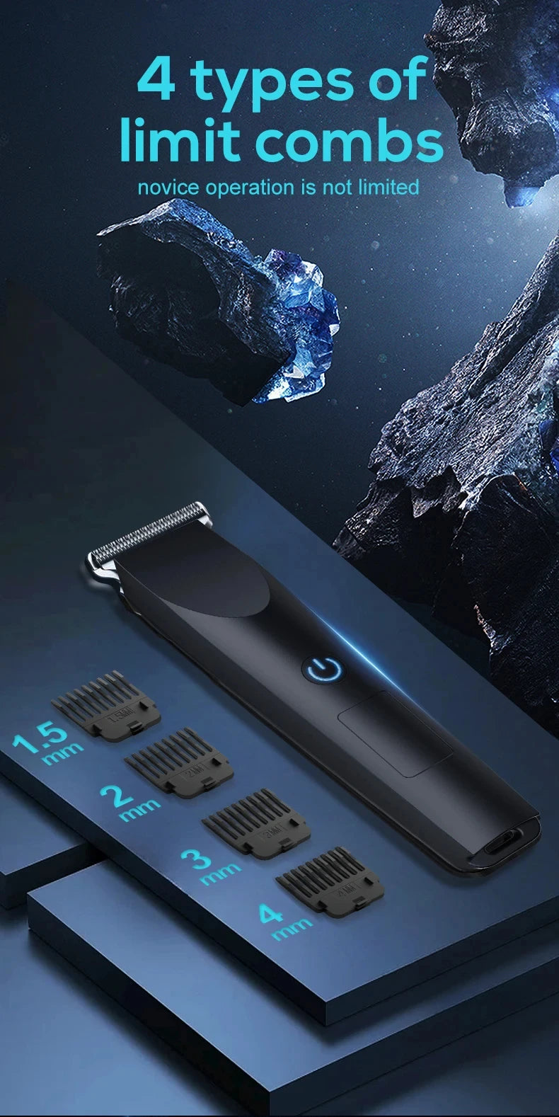 Liveify black cordless hair trimmer with 4 limit combs (1.5mm, 2mm, 3mm, 4mm) for precise grooming