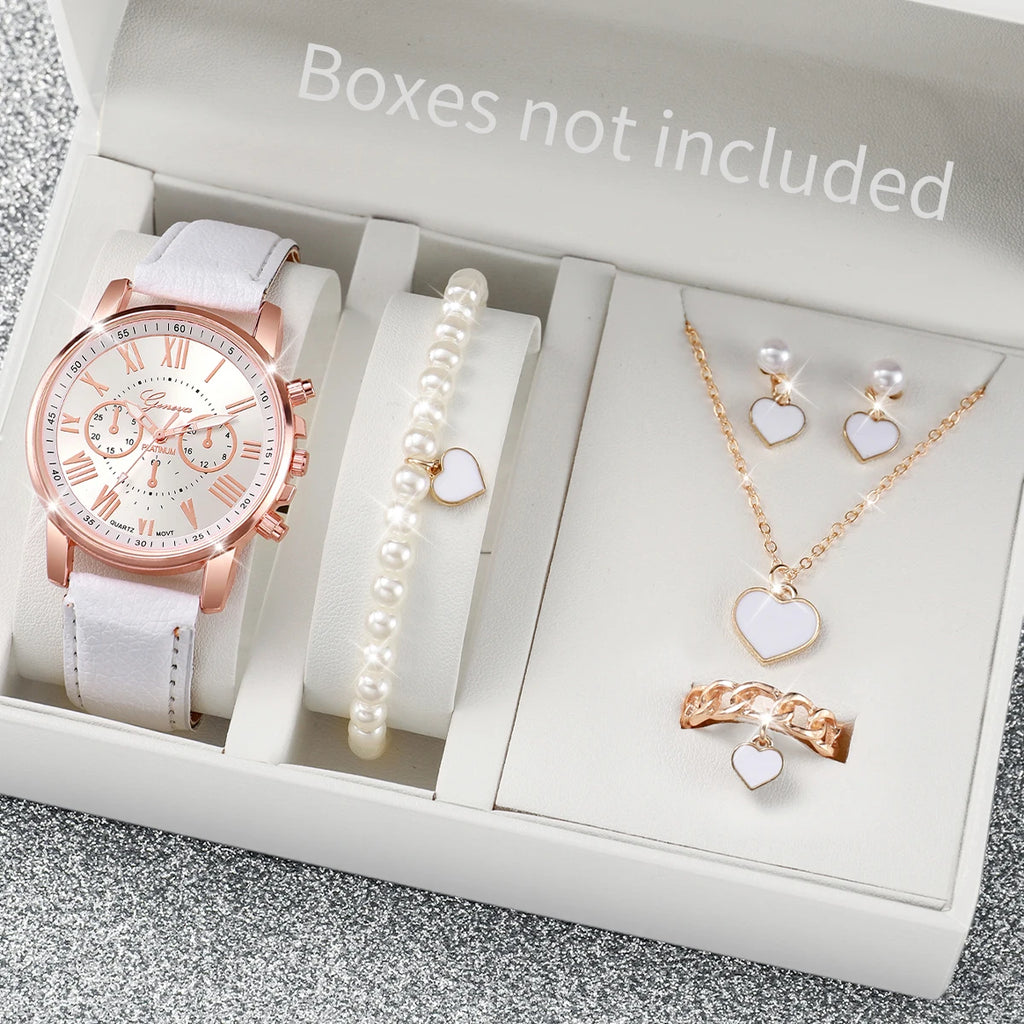 Liveify rose gold watch with white strap, pearl bracelet, heart necklace, earrings, and ring set in gift box