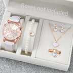Liveify rose gold watch with white strap, pearl bracelet, heart necklace, earrings, and ring set in gift box