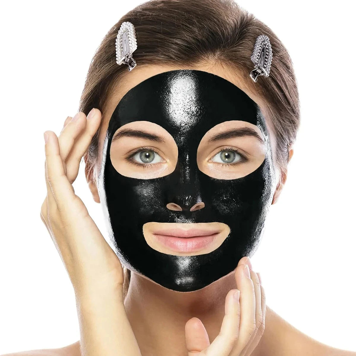 Liveify black charcoal face mask with eye and mouth cutouts, glossy texture, woman applying with hands