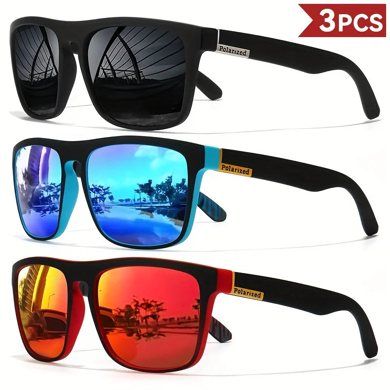 Liveify 3PCS polarized sunglasses in black, blue, and red frames with reflective lenses for outdoor style and sun protection