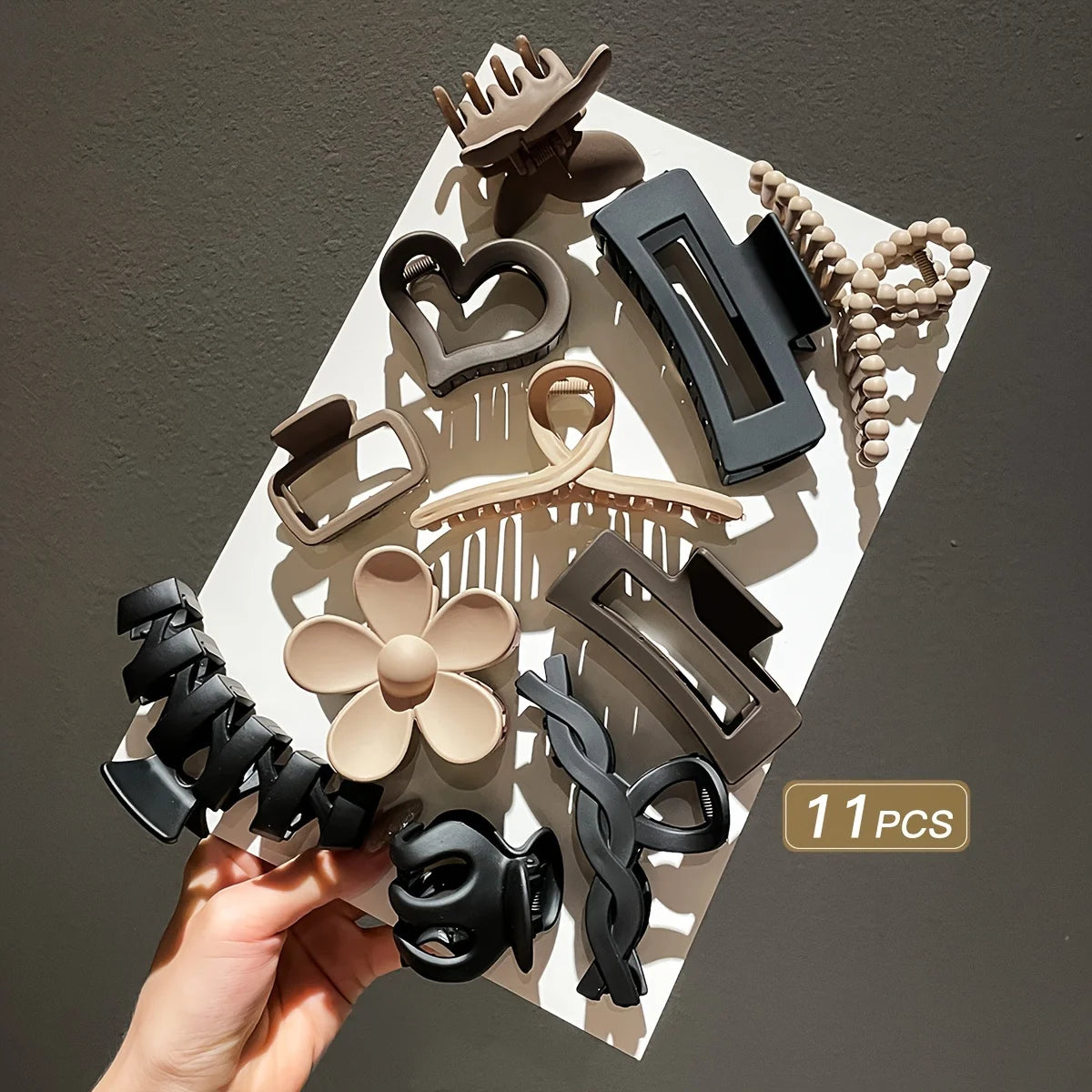 Liveify 11pcs hair clips set with flower, heart, and claw styles in black and beige tones
