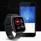 Liveify black smartwatch with heart rate monitor and fitness tracking displayed on smartphone app