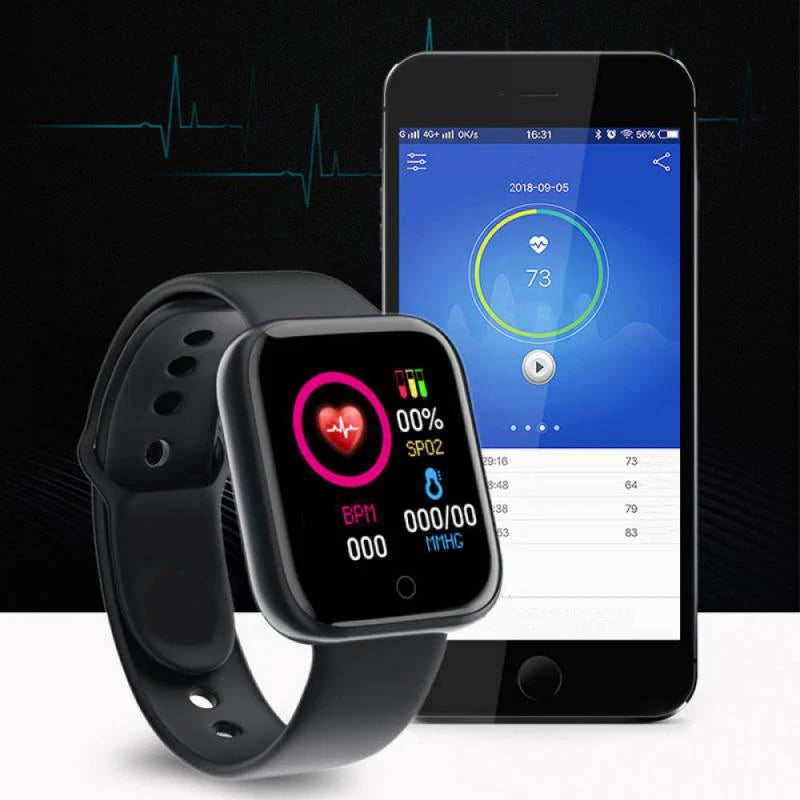 Liveify black smartwatch with heart rate monitor and fitness tracking displayed on smartphone app