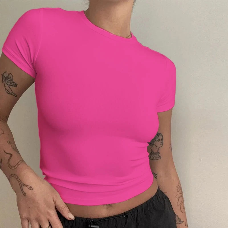 Liveify Women's Slim Fit Knit T-Shirt – Short Sleeve O-Neck Stretch Tee, Casual Y2K Streetwear Top for Everyday Wear