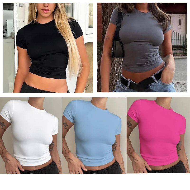 Liveify Women's Slim Fit Knit T-Shirt – Short Sleeve O-Neck Stretch Tee, Casual Y2K Streetwear Top for Everyday Wear
