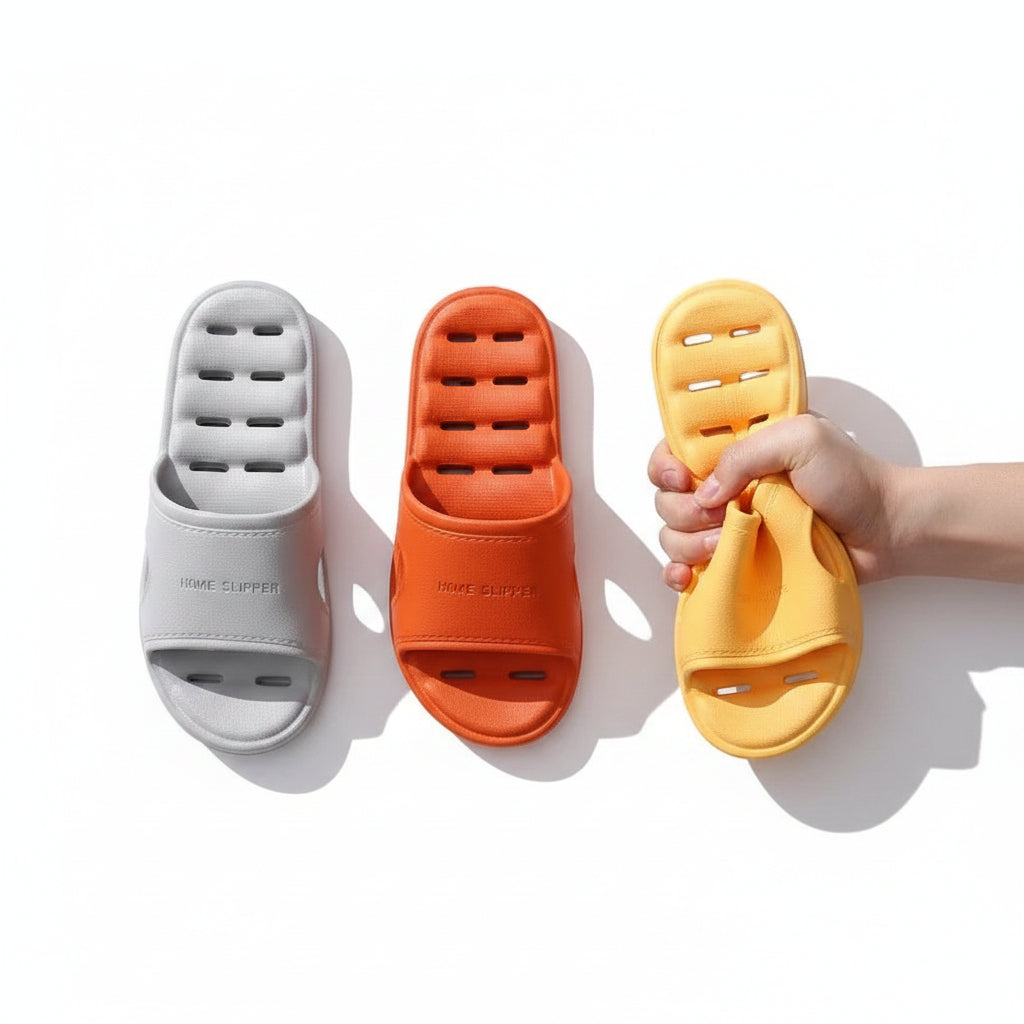Liveify soft home slippers in gray, orange, and yellow with breathable holes and flexible design