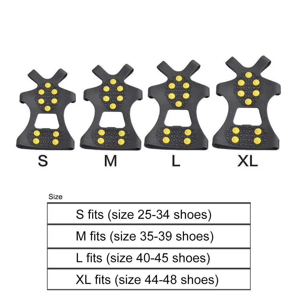 Liveify black rubber shoe grips with yellow studs, 4 sizes S-M-L-XL for ice snow traction
